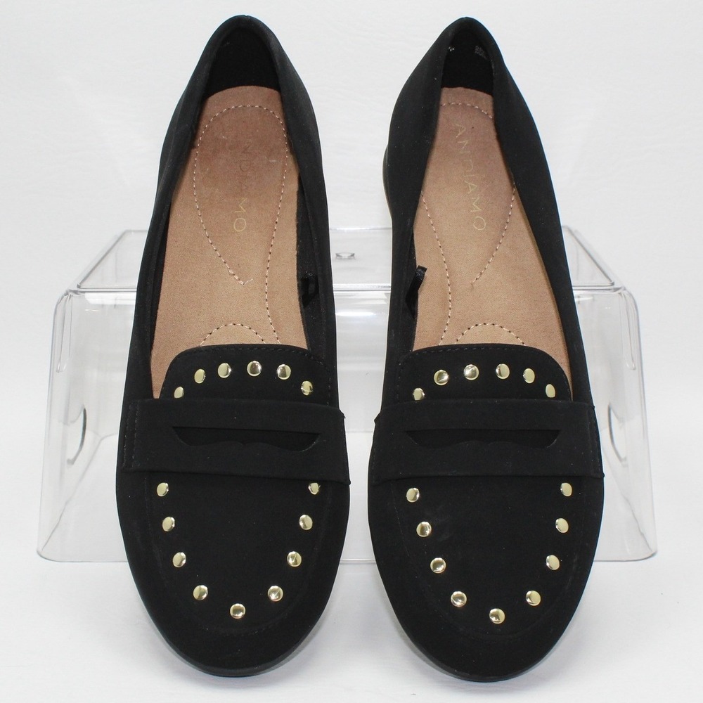 Andiamo Black Faux Suede Penny‎ Loafer Studded Flat Shoes Women's Size 6M NEW